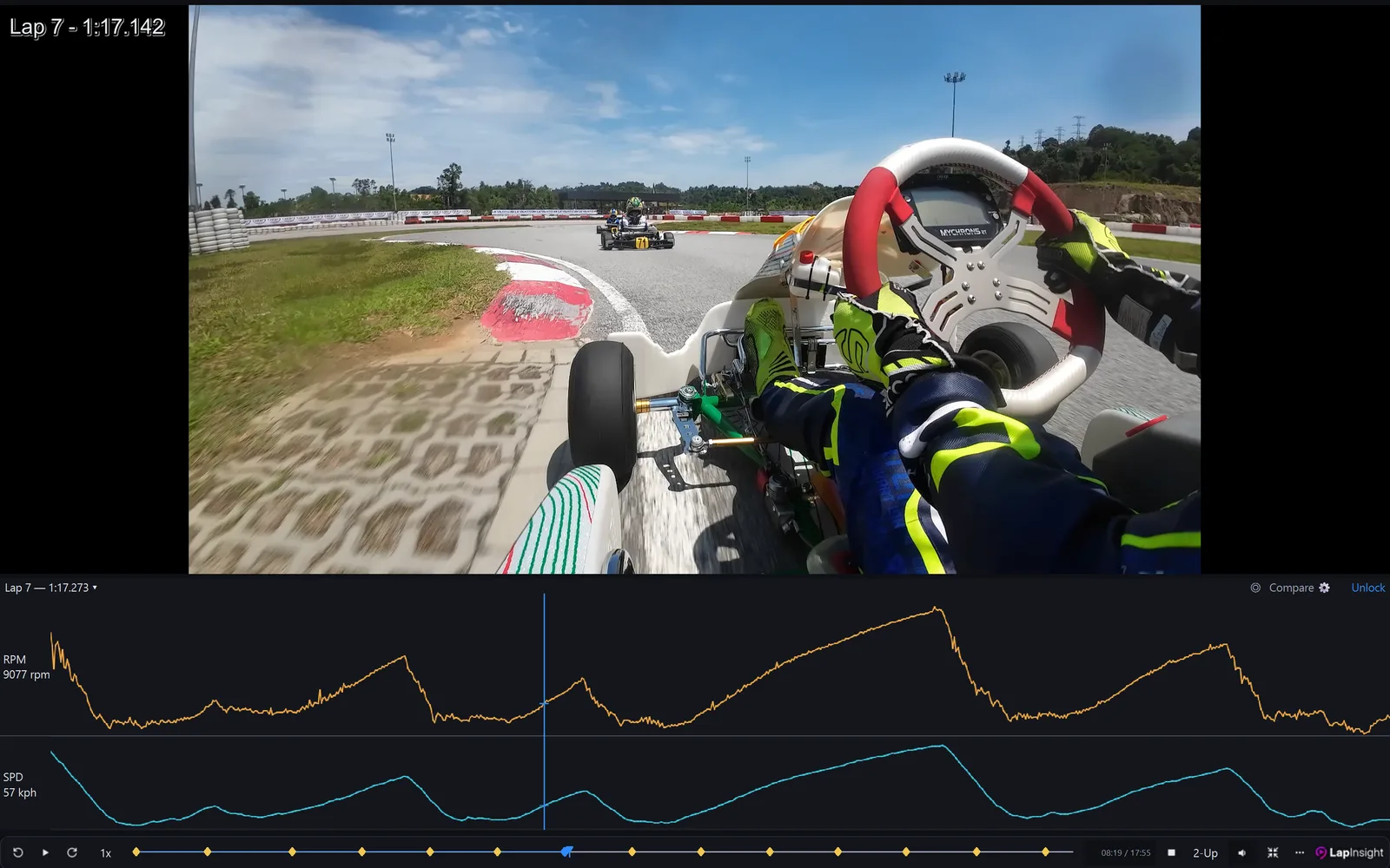 LapInsight main app: onboard kart video with RPM and speed
                 telemetry traces synced below, a playhead line through both, and
                 markers along the lap timeline.