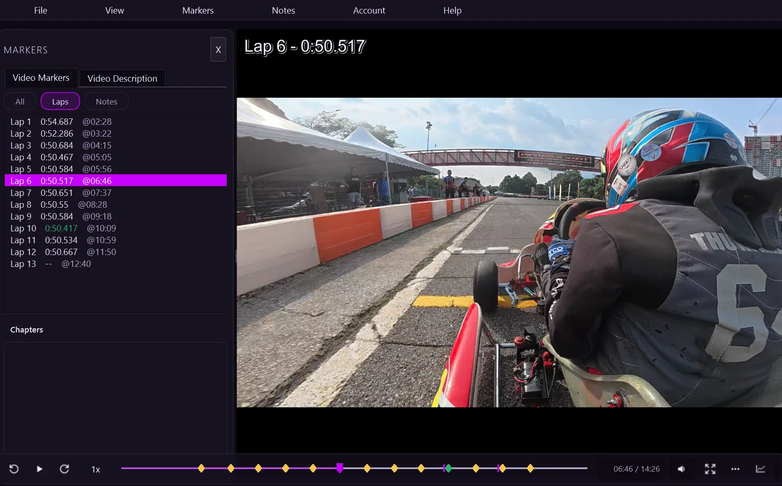The LapInsight Player: an onboard karting lap with lap markers
                 along the timeline and a click-to-jump lap list beside the video.